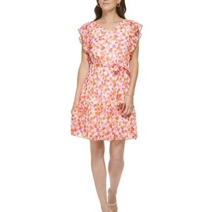 DKNY - Women's Floral - Printed Ruffled- Sleeved Dress - Size 12